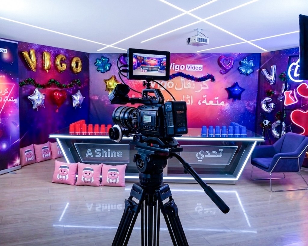 Custom-built TV game-show set in Morocco — designed and constructed by AdKey Prod with neon lighting, branded décor and Blackmagic broadcast camera