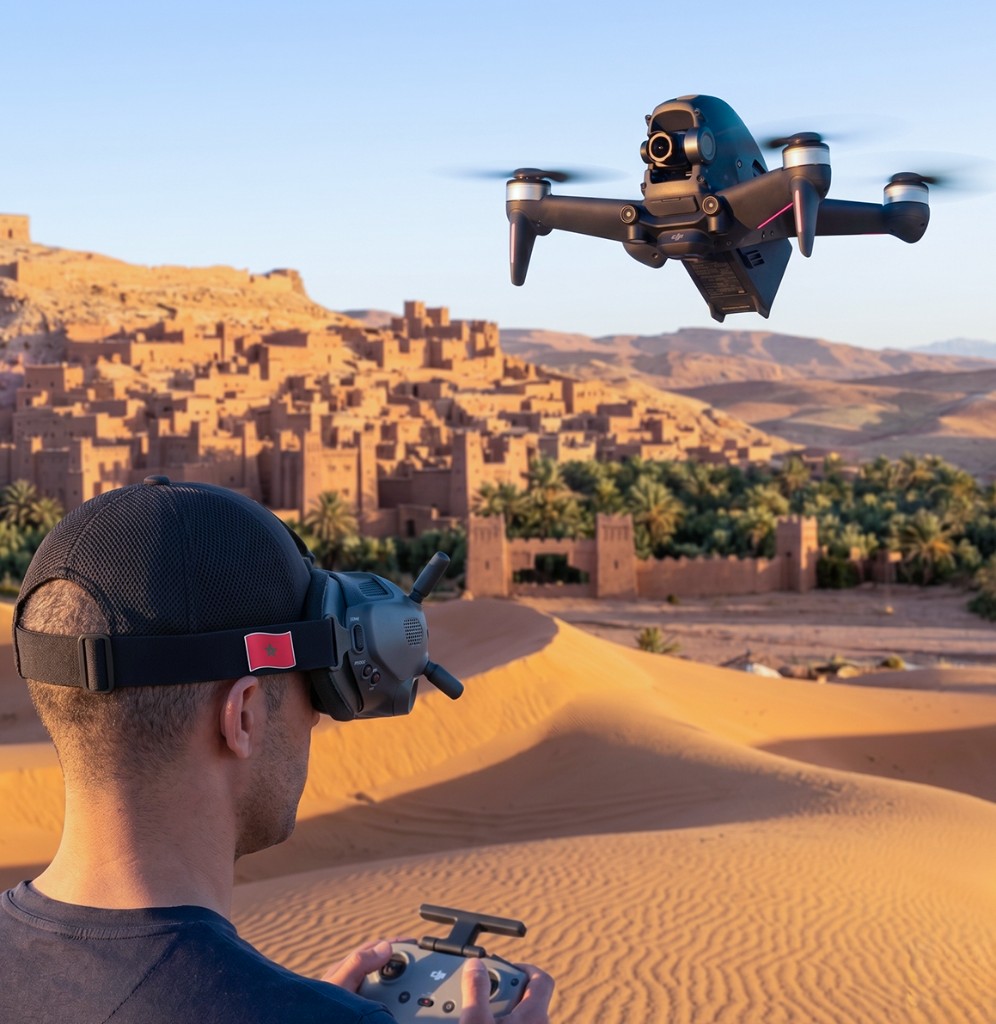 Pilote FPV au Maroc en tournage drone immersif devant la Kasbah Aït Ben Haddou