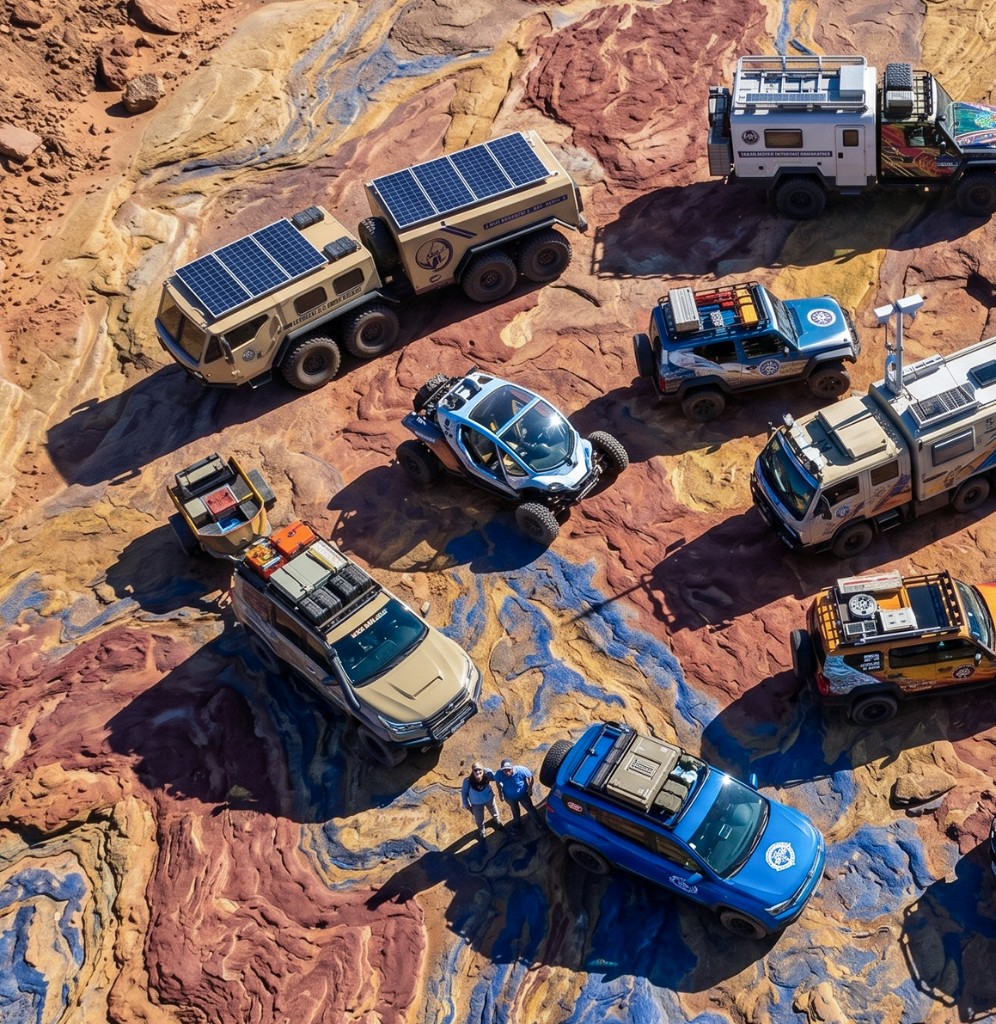 Vue aérienne drone d'une production audiovisuelle avec véhicules 4x4 dans le sud marocain