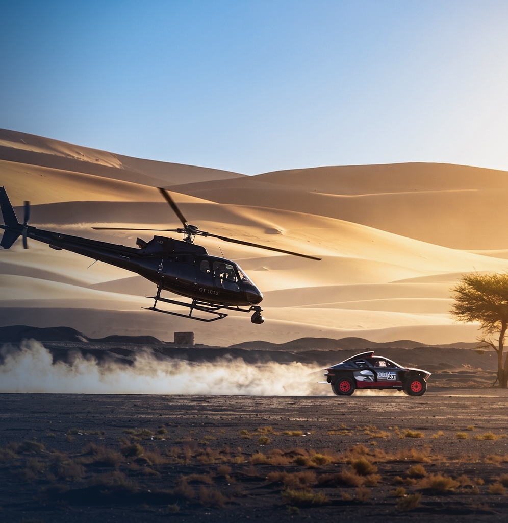 Hollywood-style cinema production fixer in Morocco — helicopter and rally car desert shoot