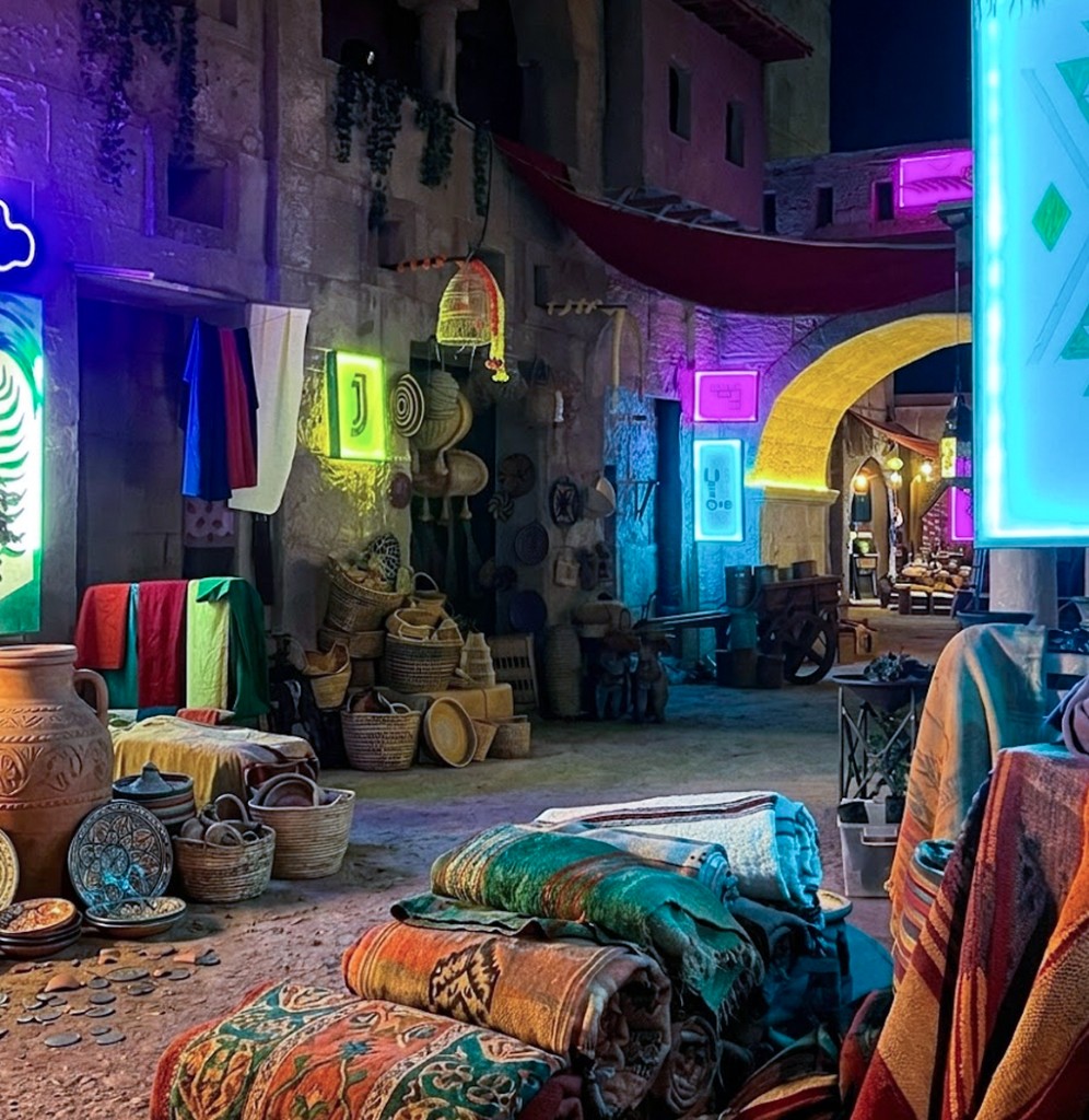 Music video DOP-led set design in Morocco — neon-lit souk dressing with rugs, lanterns and vintage market props lit in magenta and cyan