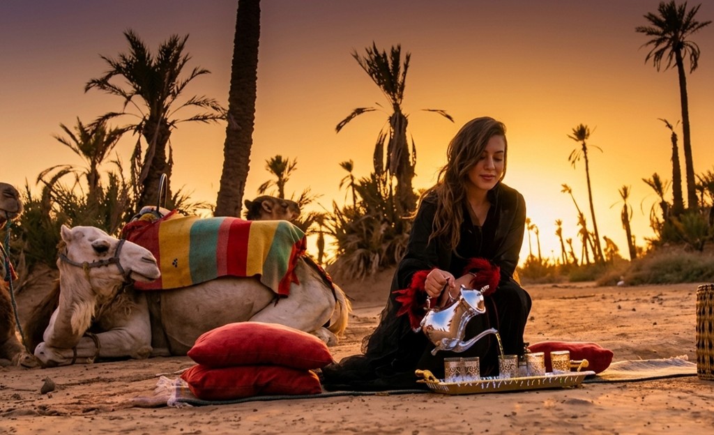 Music video production company in Morocco — sunset shot of a performer with a camel in a Marrakech palmeraie, palms silhouetted against an orange sky