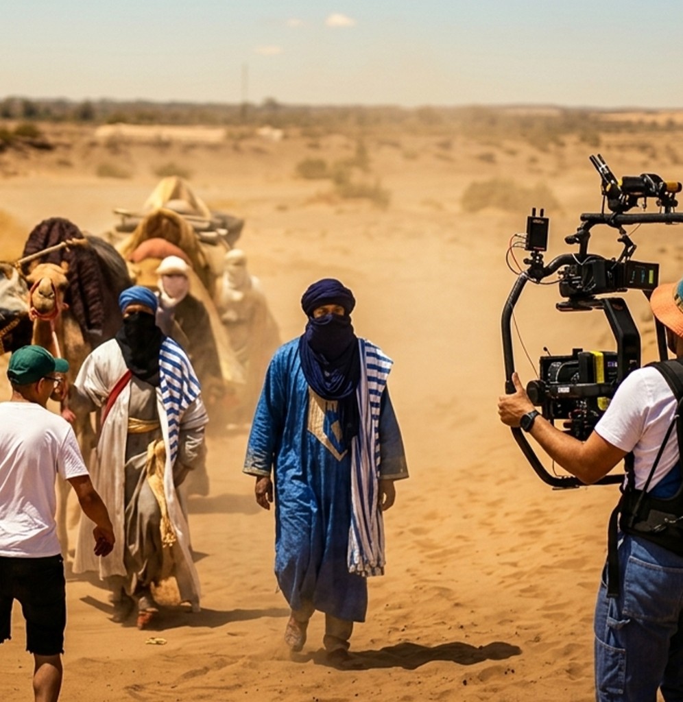Video clip producer and maker in Morocco — Saharan caravan with camels and traditional Tuareg dress, gimbal-operator filming in motion
